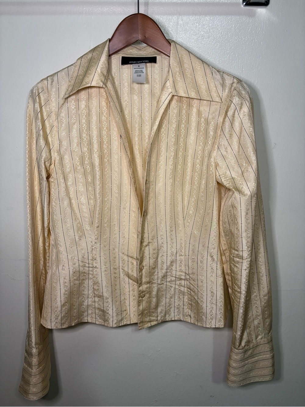 VTG Y2K Jones New York Silk Jacquard Striped Button Up Blouse Cream 8 Luxury 90s